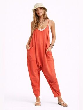 Free People Hot Shot Onesie L Orange FP Movement Oversized Jumpsuit Athleisure